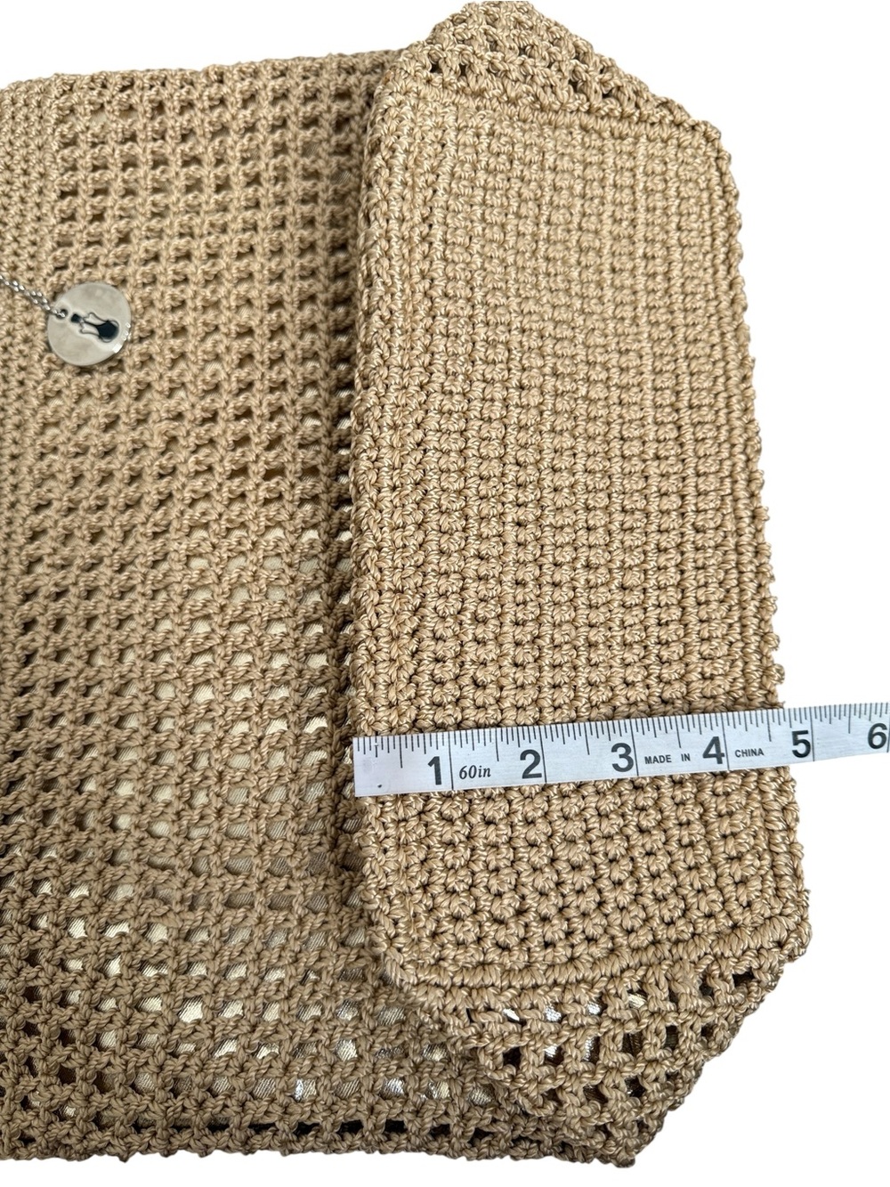 The Sak Crochet Tote Bag Beige Tan Metallic Lined Boho Shoulder Handbag - Picture 10 of 13
